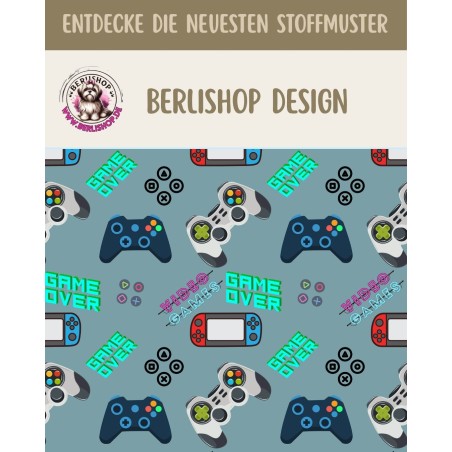 1 m Coupon Oxford Stoff Game Over Video Games Zocker 150 cm – Blau Beige – 210 g/m² – Eigenproduktion