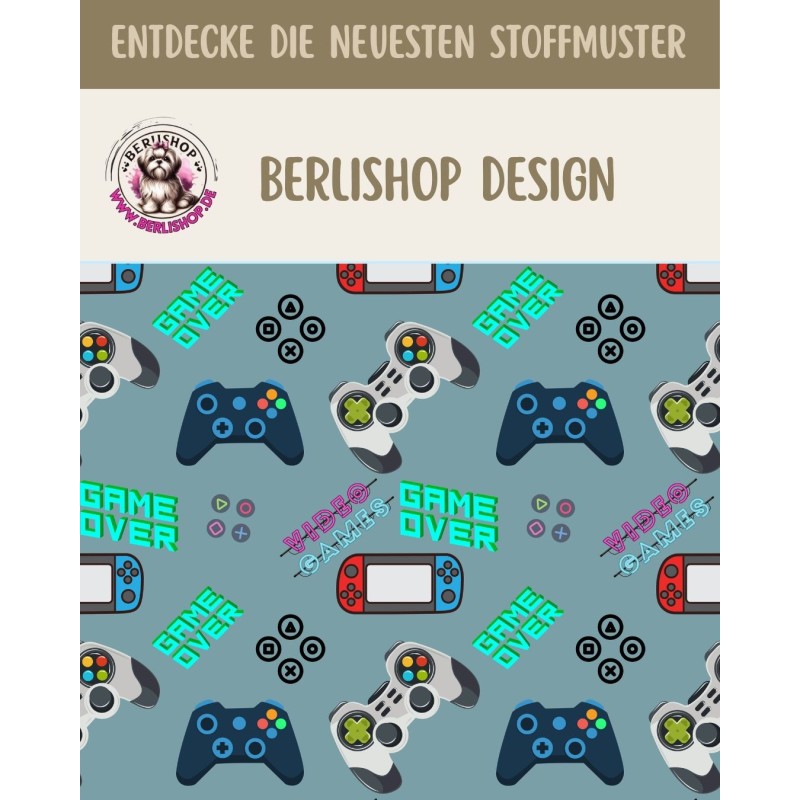 1 m Coupon Oxford Stoff Game Over Video Games Zocker 150 cm – Blau Beige – 210 g/m² – Eigenproduktion