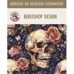 1 m Coupon Oxford Stoff Skuls Totenkopf Schedel Blumen 150 cm – Blau Beige – 210 g/m² – Eigenproduktion