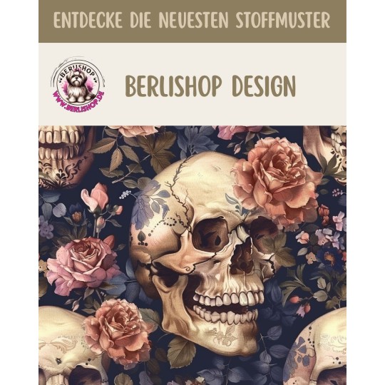 1 m Coupon Oxford Stoff Skuls Totenkopf Schedel Blumen 150 cm – Blau Beige – 210 g/m² – Eigenproduktion