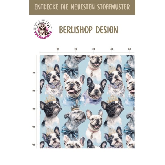 Baumwolle Canvas Französische Bulldogge Krone Hellblau Stoff  – 153 g/m² – Meterware 160 cm – Eigenproduktion