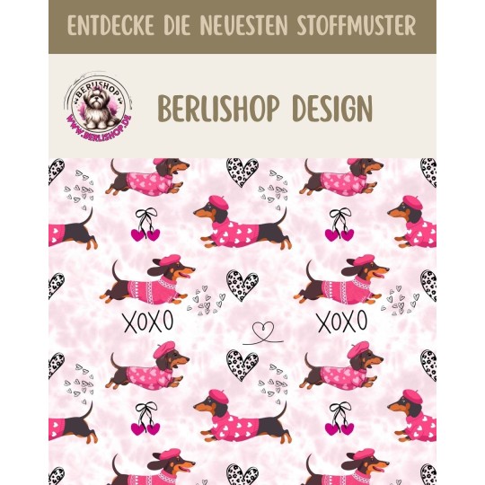 Baumwolle Canvas Dackel Stoff – XOXO Rosa Herzen Muster – 153 g/m² – Meterware 160 cm – Eigenproduktion