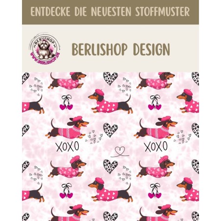 Baumwolle Canvas Dackel Stoff – XOXO Rosa Herzen Muster – 153 g/m² – Meterware 160 cm – Eigenproduktion