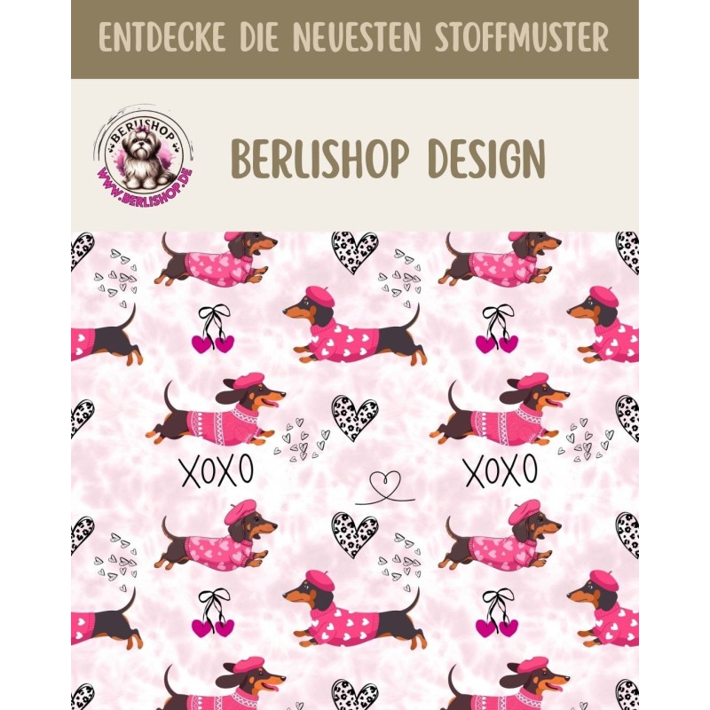 Baumwolle Canvas Dackel Stoff – XOXO Rosa Herzen Muster – 153 g/m² – Meterware 160 cm – Eigenproduktion