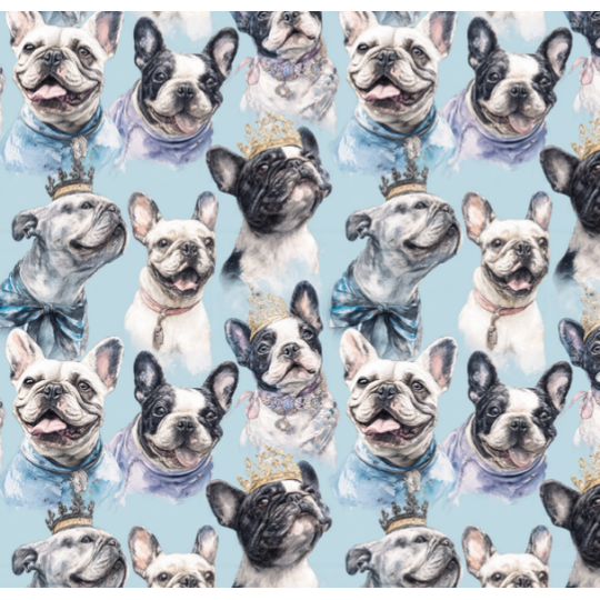 Baumwolle Canvas Französische Bulldogge Krone Hellblau Stoff  – 153 g/m² – Meterware 160 cm – Eigenproduktion