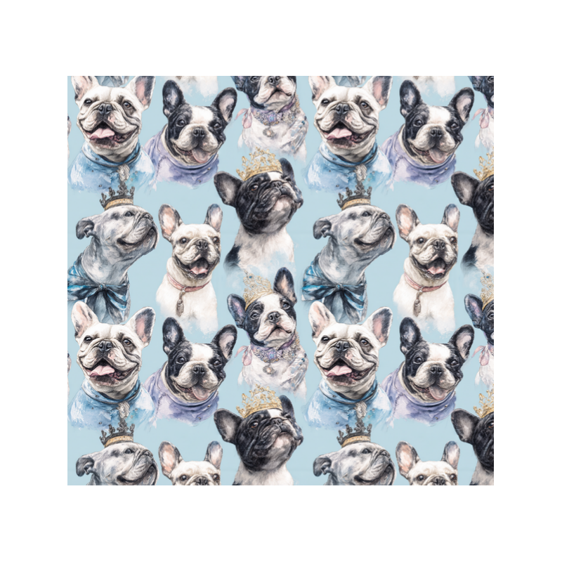 Baumwolle Canvas Französische Bulldogge Krone Hellblau Stoff  – 153 g/m² – Meterware 160 cm – Eigenproduktion