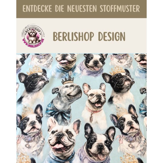 Baumwolle Canvas Französische Bulldogge Krone Hellblau Stoff  – 153 g/m² – Meterware 160 cm – Eigenproduktion