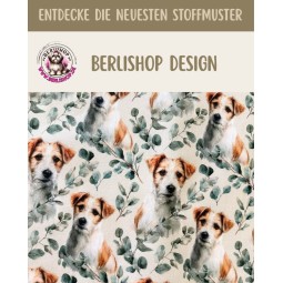 Baumwolle Canvas Jack Russell Terrier Eukalyptus Creme Aquarell Stoff  – 153 g/m² – Meterware 160 cm – Eigenproduktion