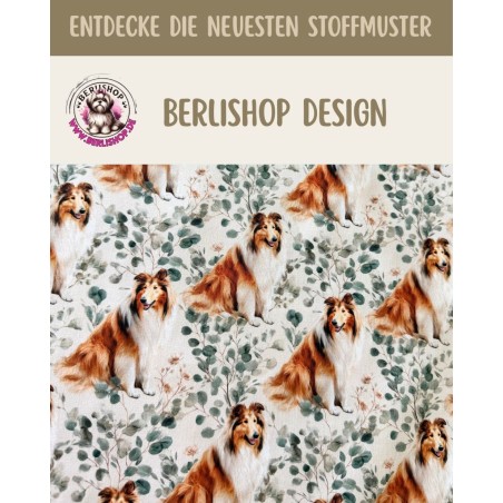 Baumwolle Canvas Collie Hund Eukalyptus Creme Aquarell Stoff  – 153 g/m² – Meterware 160 cm – Eigenproduktion