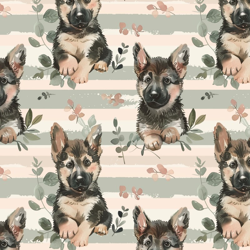 Baumwolle Canvas Schäferhund Welpe Streifen Eukalyptus Salbei Aquarell Stoff  – 153 g/m² – Meterware 160 cm – Eigenproduktion