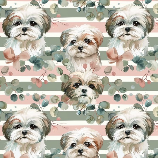 Baumwolle Canvas Shih Tzu Streifen Eukalyptus Salbei Rosa Aquarell Stoff – 153 g/m² – Meterware 160 cm – Eigenproduktion