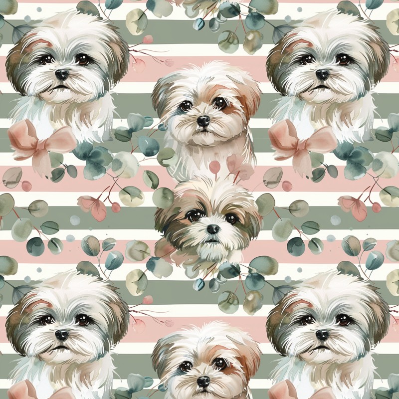 Baumwolle Canvas Shih Tzu Streifen Eukalyptus Salbei Rosa Aquarell Stoff – 153 g/m² – Meterware 160 cm – Eigenproduktion