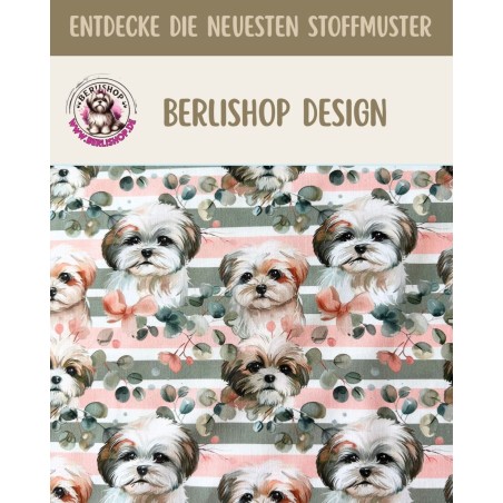 Baumwolle Canvas Shih Tzu Streifen Eukalyptus Salbei Rosa Aquarell Stoff – 153 g/m² – Meterware 160 cm – Eigenproduktion
