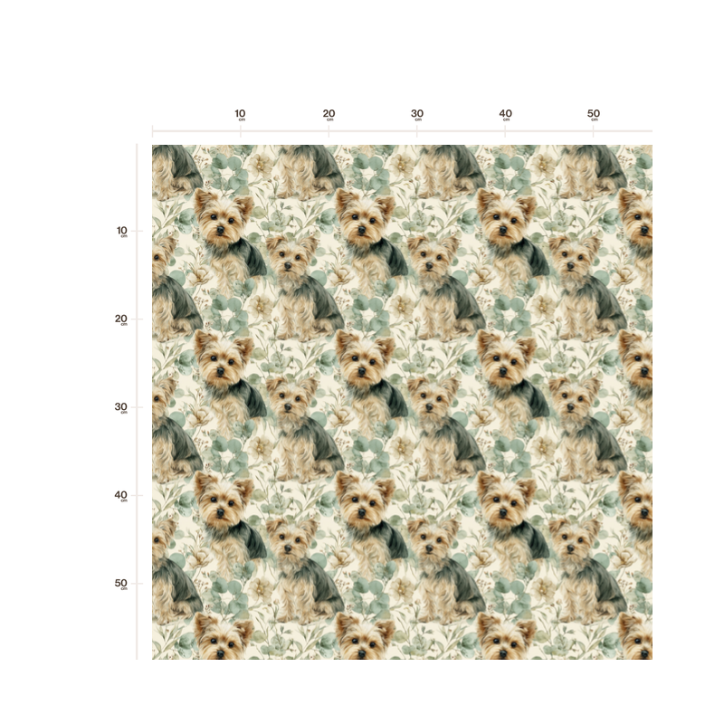 Baumwolle Canvas Yorkshire Terrier Hund Blumen Salbei Aquarell Stoff – 153 g/m² – Meterware 160 cm – Eigenproduktion
