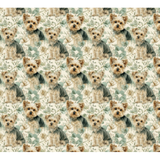 Baumwolle Canvas Yorkshire Terrier Hund Blumen Salbei Aquarell Stoff – 153 g/m² – Meterware 160 cm – Eigenproduktion