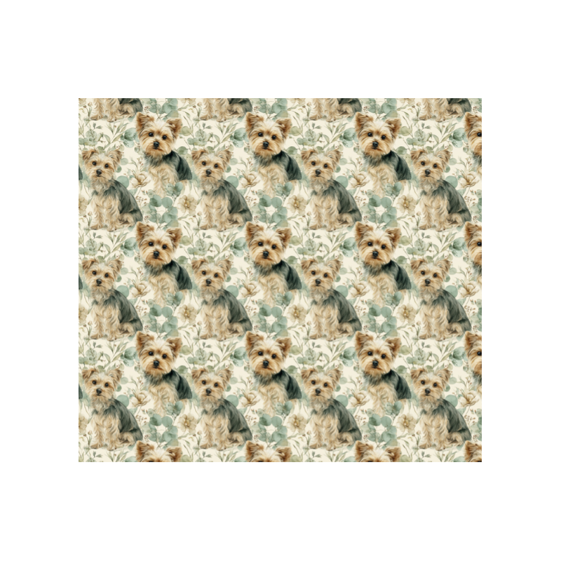 Baumwolle Canvas Yorkshire Terrier Hund Blumen Salbei Aquarell Stoff – 153 g/m² – Meterware 160 cm – Eigenproduktion