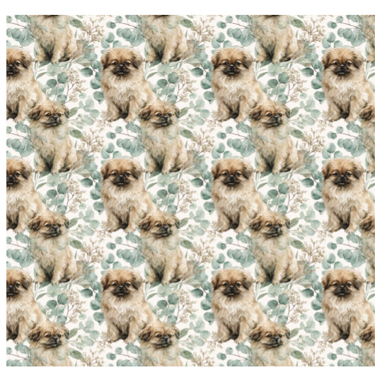Baumwolle Canvas Pekinese Hund Eukalyptus Creme Salbei Aquarell Stoff – 153 g/m² – Meterware 160 cm – Eigenproduktion