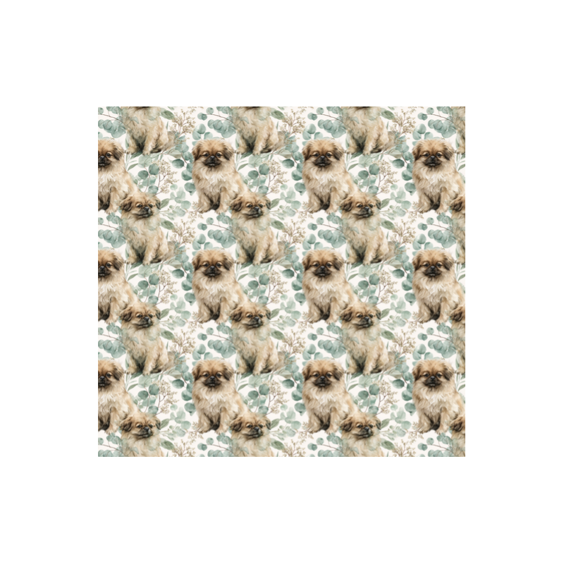 Baumwolle Canvas Pekinese Hund Eukalyptus Creme Salbei Aquarell Stoff – 153 g/m² – Meterware 160 cm – Eigenproduktion