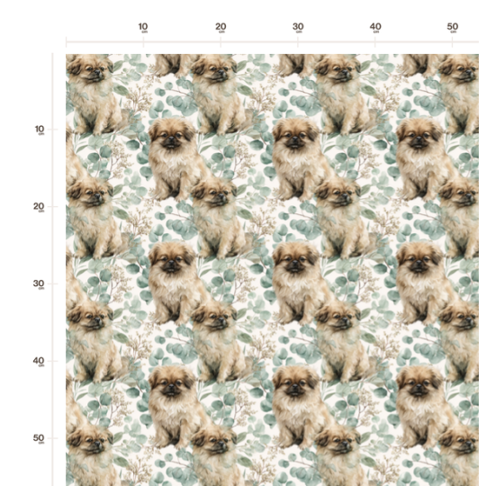 Baumwolle Canvas Pekinese Hund Eukalyptus Creme Salbei Aquarell Stoff – 153 g/m² – Meterware 160 cm – Eigenproduktion