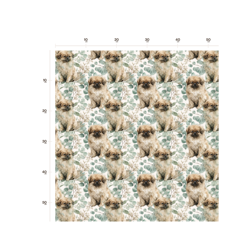 Baumwolle Canvas Pekinese Hund Eukalyptus Creme Salbei Aquarell Stoff – 153 g/m² – Meterware 160 cm – Eigenproduktion