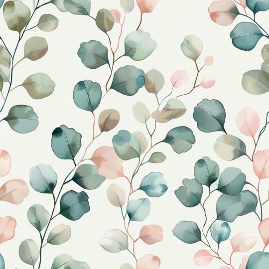 Baumwolle Canvas Eukalyptus Blätter Creme Salbei Rosa Aquarell Stoff – 153 g/m² – Meterware 160 cm – Eigenprodktion