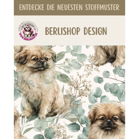 Baumwolle Canvas Pekinese Hund Eukalyptus Creme Salbei Aquarell Stoff – 153 g/m² – Meterware 160 cm – Eigenproduktion