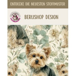 Baumwolle Canvas Yorkshire Terrier Hund Blumen Salbei Aquarell Stoff – 153 g/m² – Meterware 160 cm – Eigenproduktion