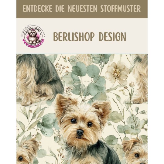 Baumwolle Canvas Yorkshire Terrier Hund Blumen Salbei Aquarell Stoff – 153 g/m² – Meterware 160 cm – Eigenproduktion