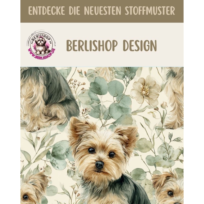 Baumwolle Canvas Yorkshire Terrier Hund Blumen Salbei Aquarell Stoff – 153 g/m² – Meterware 160 cm – Eigenproduktion