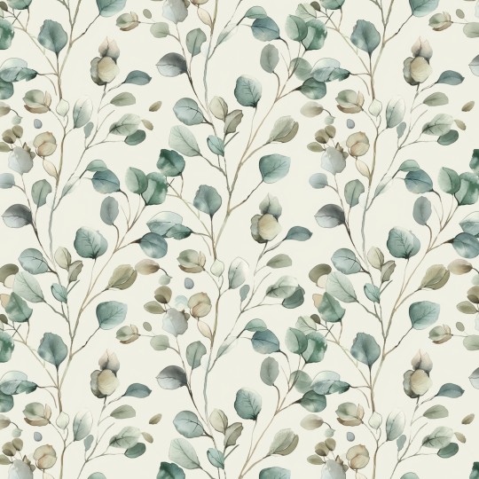 Baumwolle Canvas Eukalyptus Blätter Creme Salbei Rosa Aquarell Stoff – 153 g/m² – Meterware 160 cm – Eigenprodktion