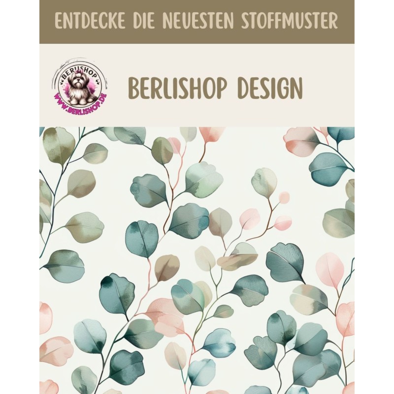 Baumwolle Canvas Eukalyptus Blätter Creme Salbei Rosa Aquarell Stoff – 153 g/m² – Meterware 160 cm – Eigenprodktion