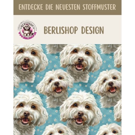 Baumwolle Canvas Stoff Malteser Hund Blau Pastell – 153 g/m² – Meterware 160 cm- Eigenproduktion