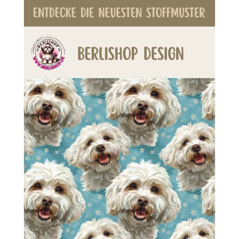 Baumwolle Canvas Stoff Malteser Hund Blau Pastell – 153 g/m² – Meterware 160 cm- Eigenproduktion
