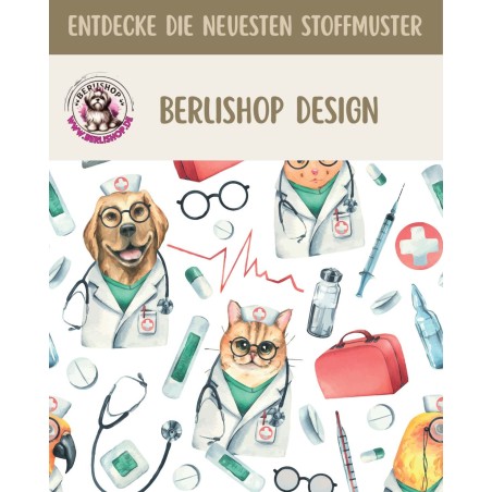 Baumwolle Canvas Tierarzt Stoff Meterware 160 cm – Hunde Katzen Medizin Muster – 130 g/m² – Eigenproduktion