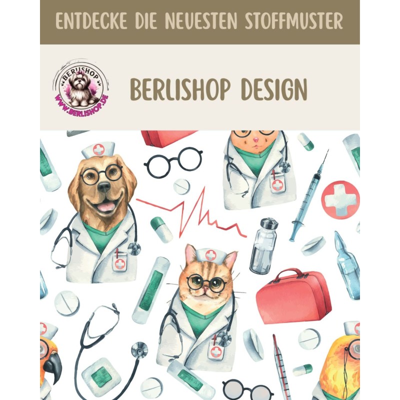 Baumwolle Canvas Tierarzt Stoff Meterware 160 cm – Hunde Katzen Medizin Muster – 130 g/m² – Eigenproduktion
