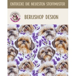 Baumwolle Canvas Shih Tzu Stoff 160 cm – Lavendel Hunde Aquarell – 153 g/m² – Eigenproduktion
