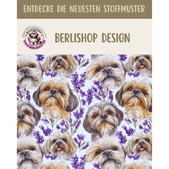 Baumwolle Canvas Shih Tzu Stoff 160 cm – Lavendel Hunde Aquarell – 153 g/m² – Eigenproduktion