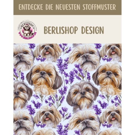 Baumwolle Canvas Shih Tzu Stoff 160 cm – Lavendel Hunde Aquarell – 153 g/m² – Eigenproduktion