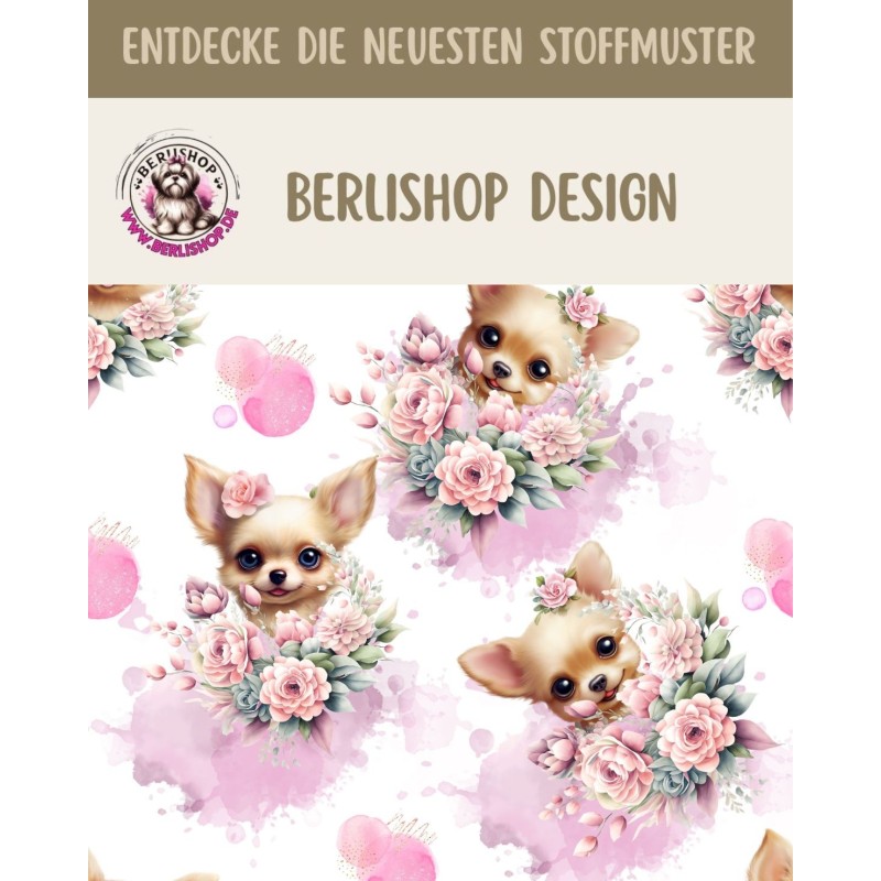 Baumwolle Canvas Chihuahua Stoff 160 cm – Aquarell Hunde Rosa – 153 g/m² – Eigenproduktion