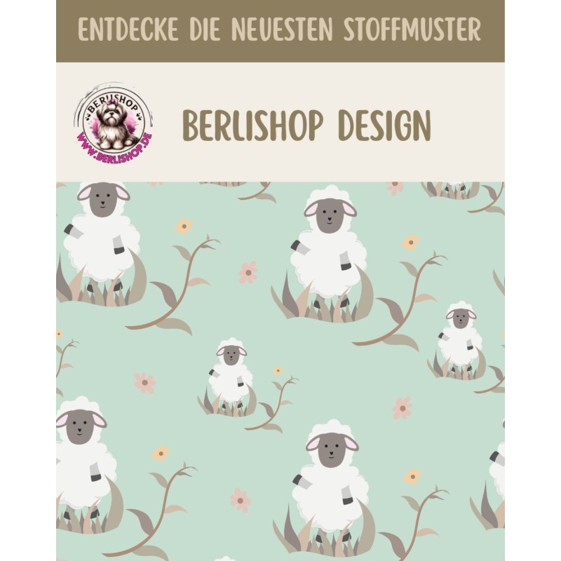 Satinbaumwolle Schaf Stoff – Ostern Tiermotiv Mint – 130 g/m – Meterware 160 cm - Eigenproduktion