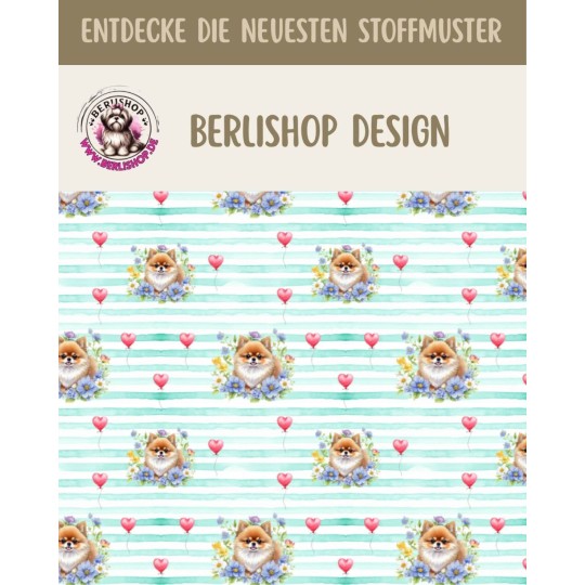 50 cm Satinbaumwolle Pomeranian Hund Herzen Mint – 130 g/m² – Meterware 160 cm - Eigenproduktion