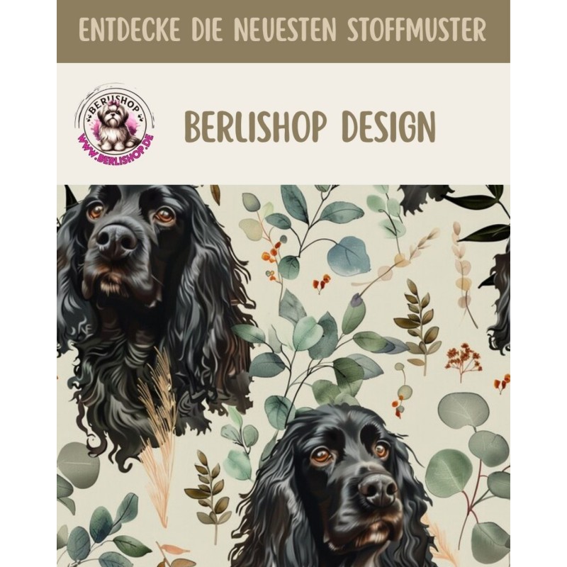 Baumwolle Canvas Cocker Spaniel Hund Schwarz Eukalyptus Creme Kleines Muster – 153 g/m² – Meterware 160 cm – Eigenproduktion
