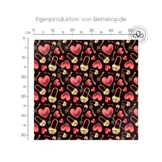 Baumwolle Canvas Herzen Schloss Stoff 160 cm – Schwarz Schlüssel Love, Liebesmotiv Herz – 153 g/m² – Eigenproduktionproduktion