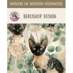 Baumwolle Canvas Rex Katze Nacktkatze Schwarz Eukalyptus Creme Aquarell Stoff– 153 g/m² – Meterware 160 cm - Eigenproduktion