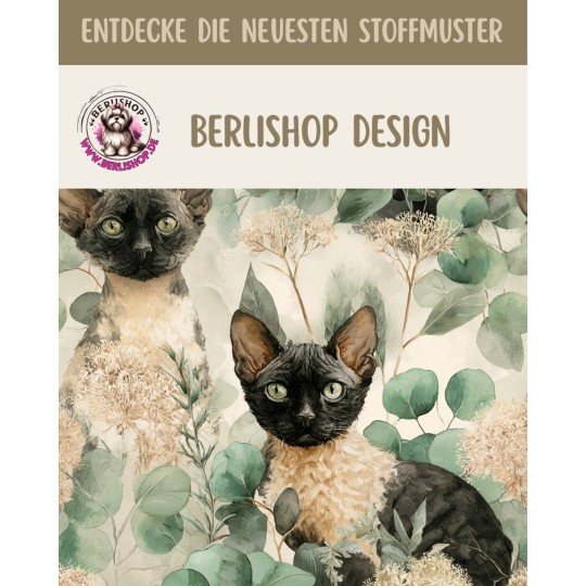 Baumwolle Canvas Rex Katze Nacktkatze Schwarz Eukalyptus Creme Aquarell Stoff– 153 g/m² – Meterware 160 cm - Eigenproduktion
