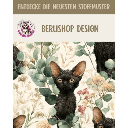 Baumwolle Canvas Devon Rex Katze Schwarz Eukalyptus Creme Aquarell Stoff 153 g/m² Meterware 160 cm Eigenproduktion