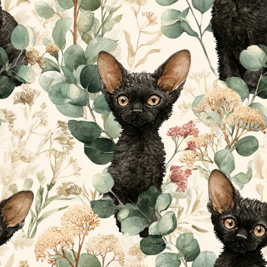 Baumwolle Canvas Devon Rex Katze Schwarz Eukalyptus Creme Aquarell Stoff 153 g/m² Meterware 160 cm Eigenproduktion
