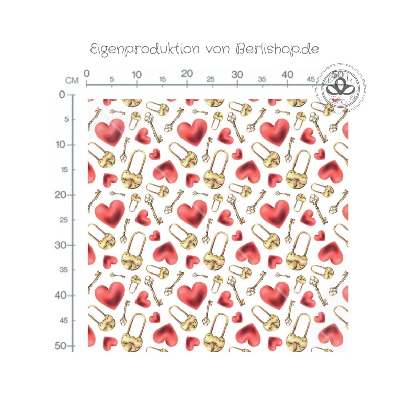 Baumwolle Canvas Herzen Schloss Stoff 160 cm – Weiß Schlüssel Love, Liebesmotiv Herz – 153 g/m² – Eigenproduktion