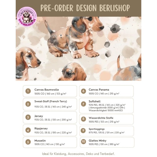 Pre - Order Dackel Welpen Aquarell Beige Braun - Stoffdesign von Berlishop - 10 Stoffe zu Auswahl – Meterware