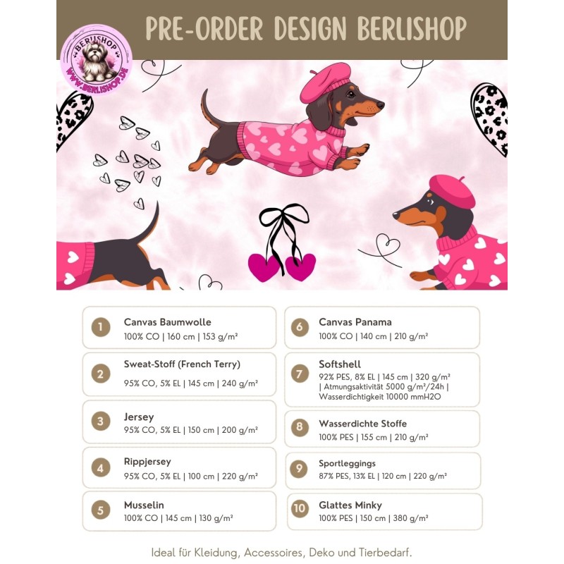 Pre-Order Hunde Dackel Stoff XOXO Rosa mit Herzen - Stoffdesign von Berlishop - 10 Stoffe zu Auswahl – Kinderstoff Meterware